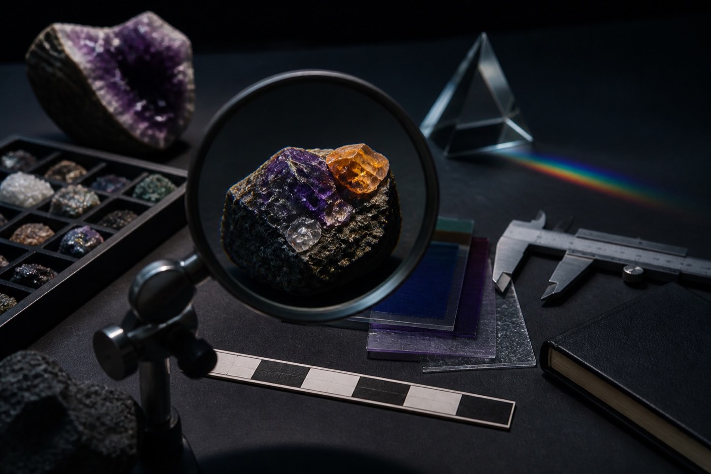 A magnifying lens focuses on a mineral specimen among calipers, translucent samples, and a prism on a dark observation table.