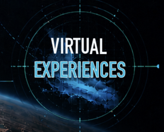 Astrascape virtual experiences graphic with a planetary horizon and orbital interface.